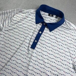 Footjoy Golf Performance Polo Men's Size XL Flag Banner Print White Blue